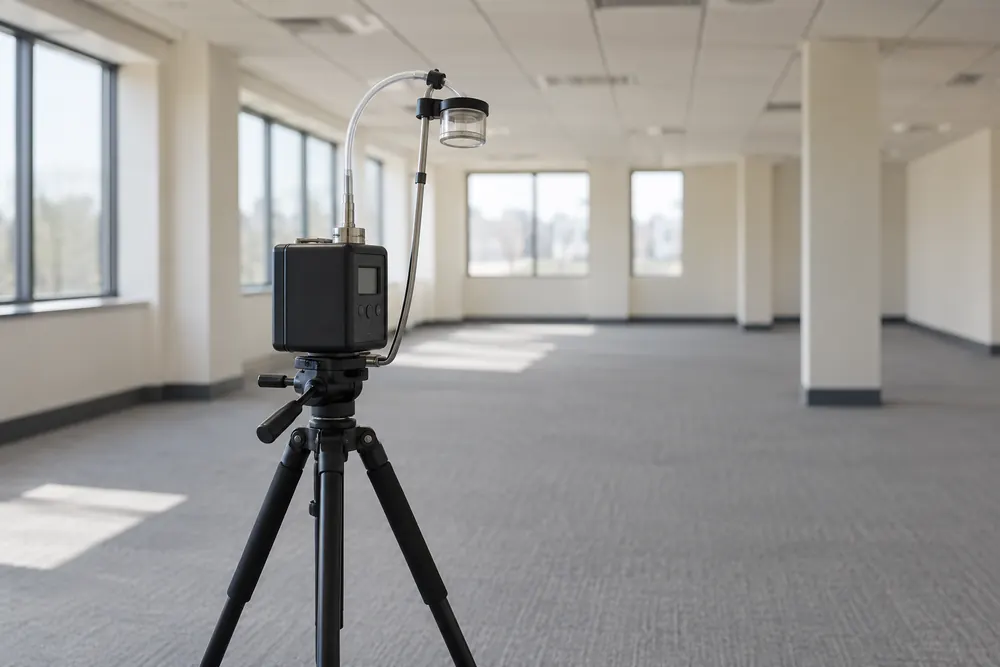 Professional air sampling equipment on a tripod in an empty commercial office