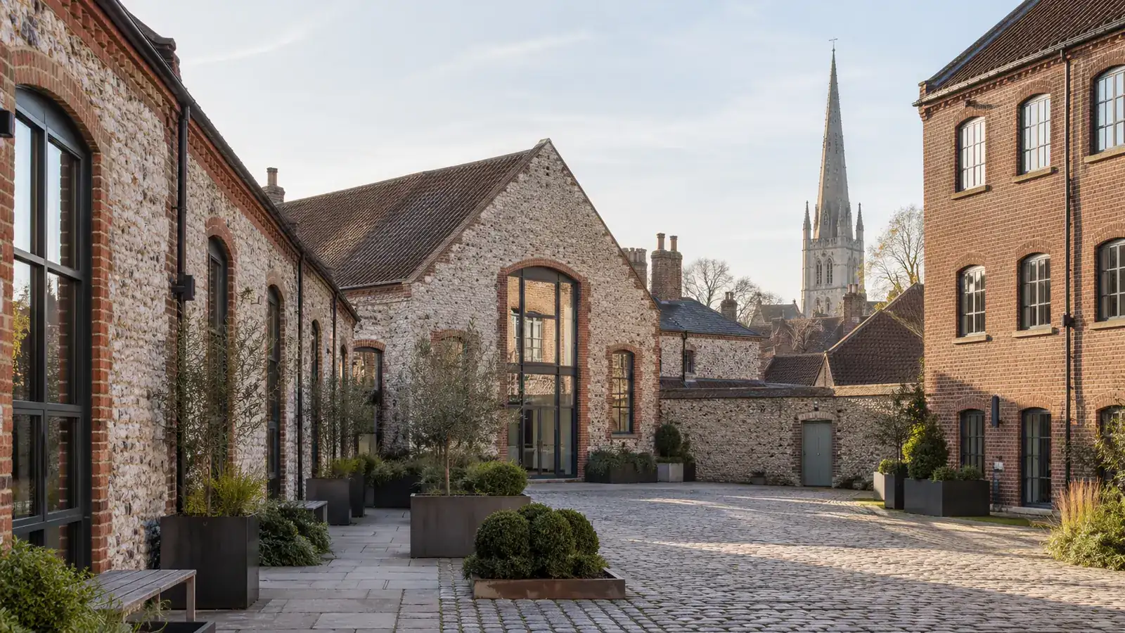 Flint and brick commercial courtyard with a church spire in the distance