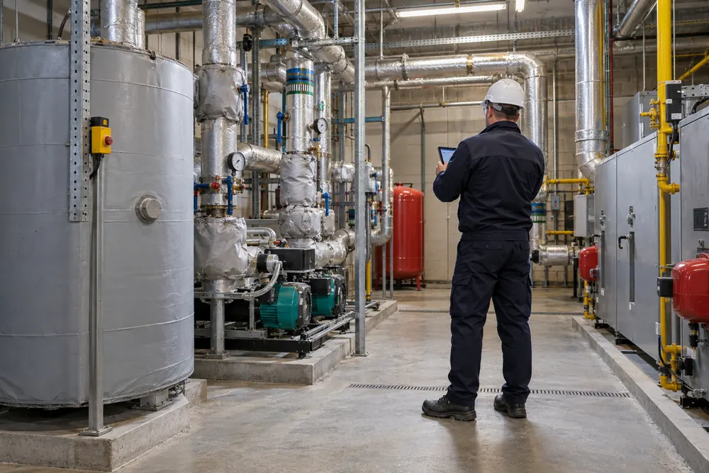 Surveyor recording intact pipework in a commercial plant room