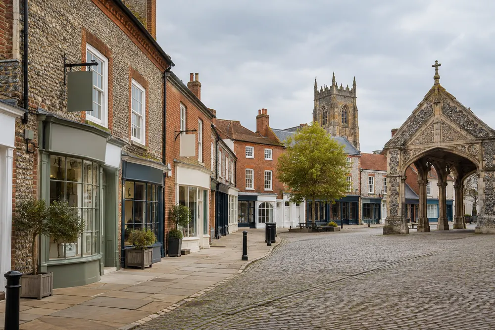 Traditional brick and flint commercial premises on an East Anglian street
