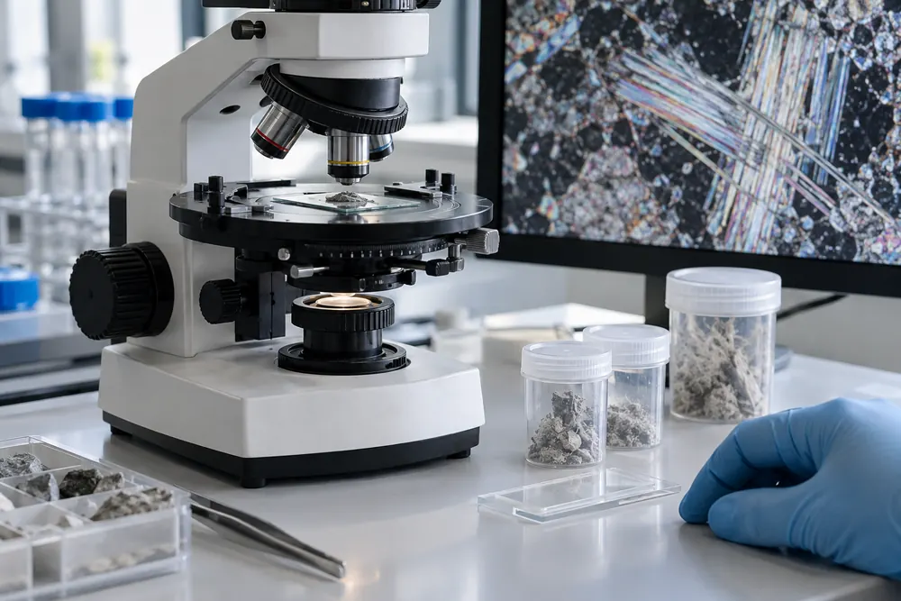 Polarised light microscope and sealed material samples on a clean laboratory bench
